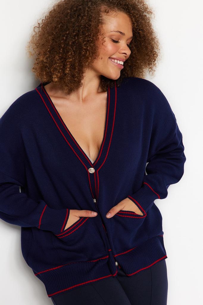 Women's Fashion New Plus Big Size Cardigan Navy Blue-Red Stripe Detailed Knitwear Cardigan