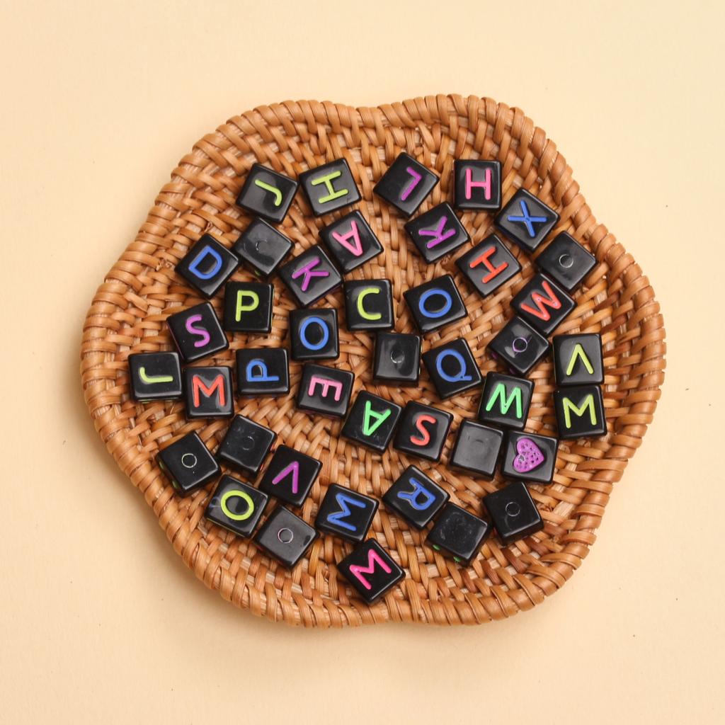 40Pcs 9*7mm Mixed Color Acrylic Flat Square Double Hole Letter Beads DIY Handmade Bracelet Necklace