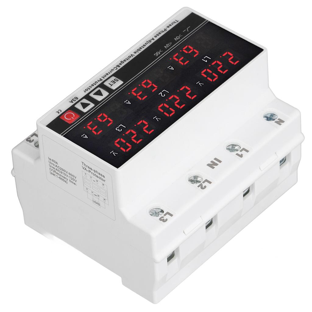 Устройство защиты от пониженного напряжения, регулируемое на DIN-рейку, устройство защиты от перегрузки по току переменного тока 120 В‑300 В 63 А, 3 фазы, 3 провода, 4 провода