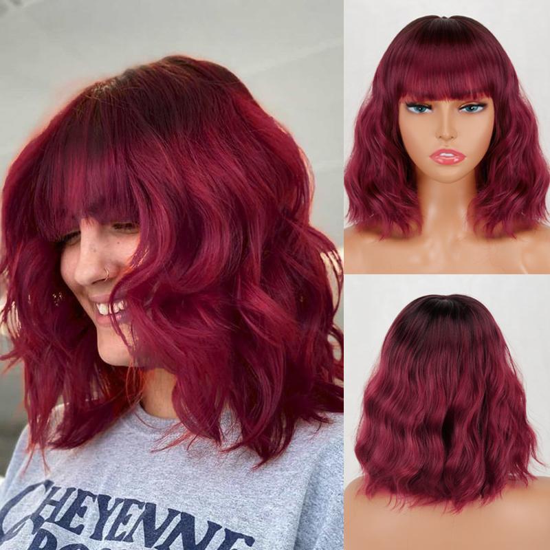 MERISIHAIR Женский короткий боб, натуральный волнистый розовый парик с челкой из синтетического волокна, короткий парик с волнистыми волосами, повседневная одежда, косплей