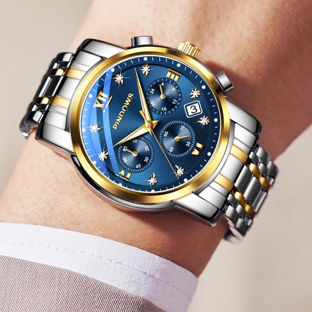 PINDOWS роскошные кварцевые аналоговые часы с большим циферблатом и датой водонепроницаемые модные деловые часы из нержавеющей стали классические часы с люминесцентным календарем для мужчин