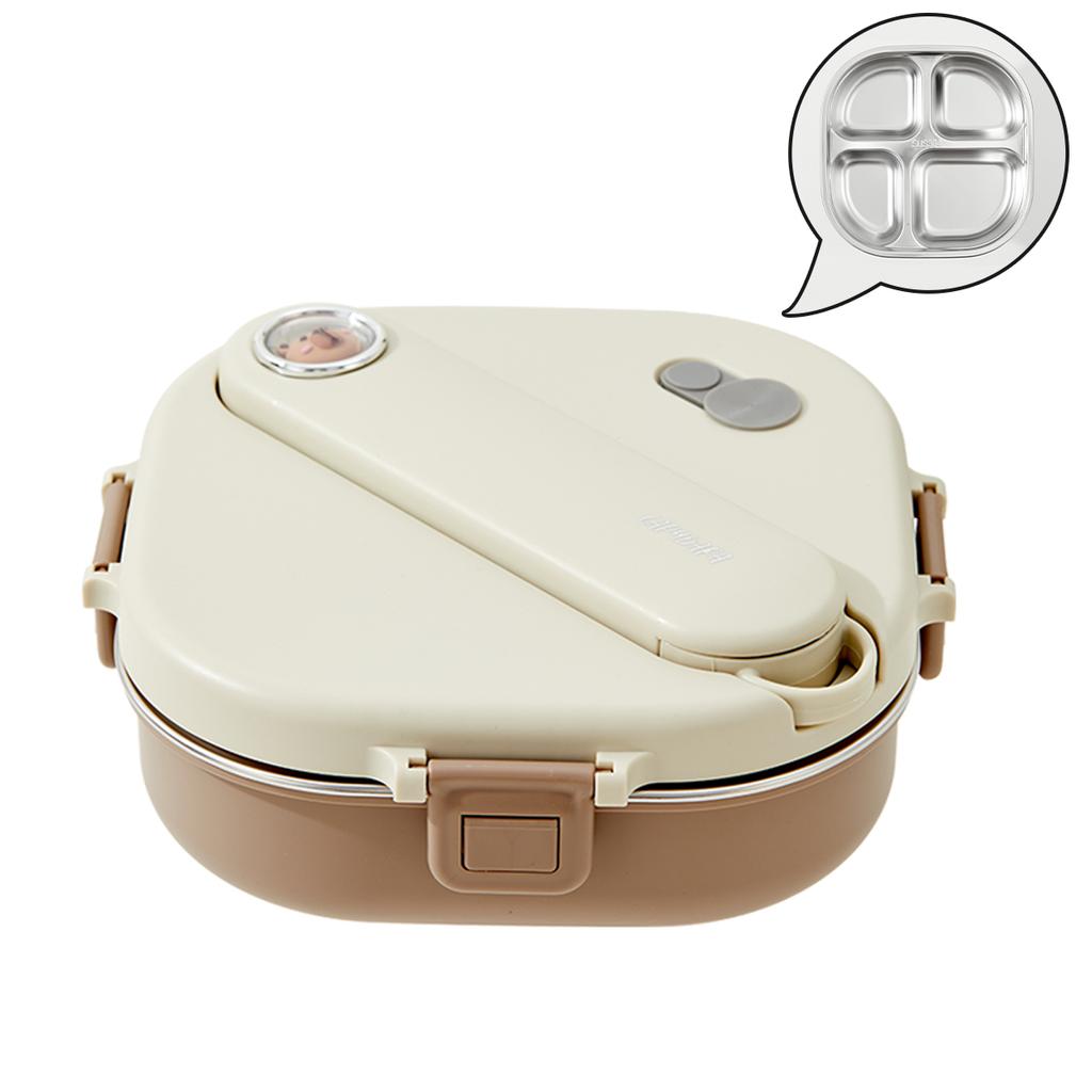 800Ml 304 Stainless Steel Divided Lunch Box With Cutlery Microwave 3/4 Grids Leak Proof Large Capacity Lunch Container