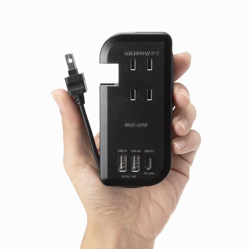 Sanwa Supply PD33W Power Strip with Cord Retractor (3 AC Outlets + 1 Type-C + 2 USB-A), Mobile, Compact, Black, TAP-MCU3BK
