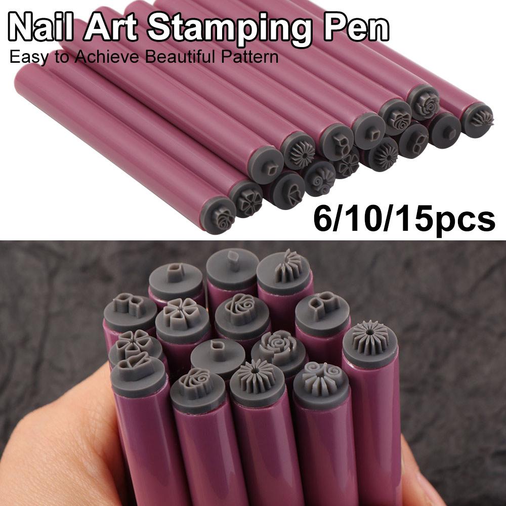 6/10/15pcs Stamping Plate Nail Graffiti Pen Flower Painting Drawing Nail Brush Stamp Pen New Year