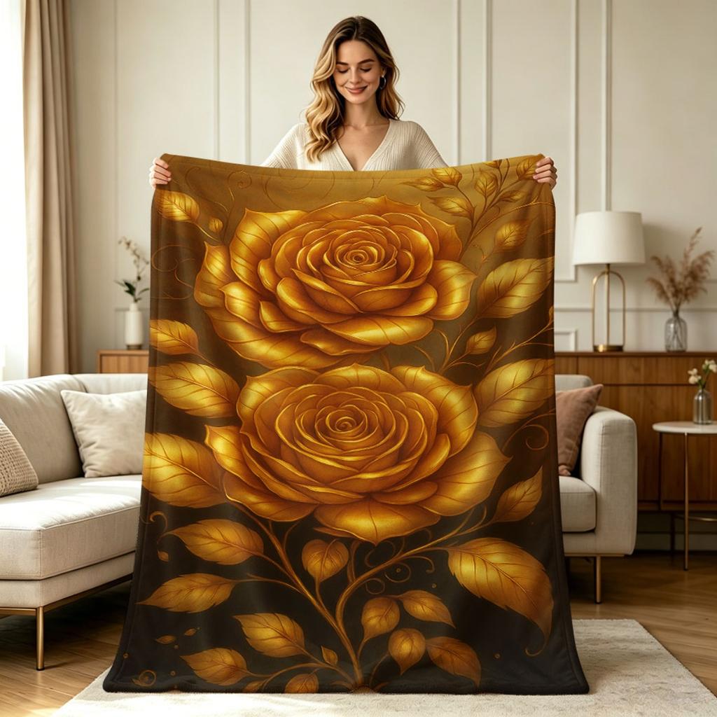 for all Season Warm Soft Flannel Throw Blanket with Luxurious Golden Rose Floral Print for Sofa Couch Bed Office Living Room Home Decor Cozy Lightweig
