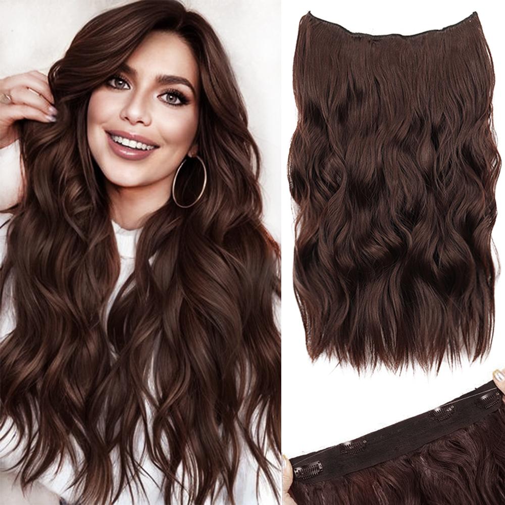 MERISIHAIR Synthetic Invisible Wire Hair Extension With 4 Clips Long Beach Wave Hairpiece Transparent Adjustable Headband