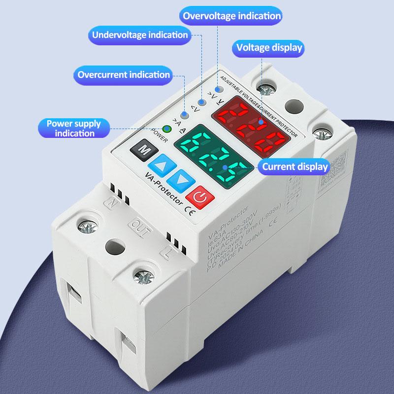 40A/63A Din Rail 230V Регулируемое защитное устройство от перенапряжения и пониженного напряжения Защитное реле Предел защиты от перегрузки по току