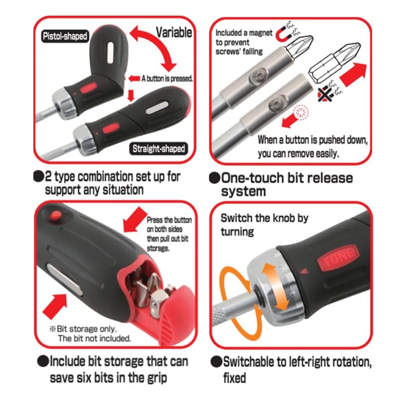 Набор отверток с трещоткой TONE RD10S для вставки бит черного цвета, 12 предметов и 6,35 мм (1/4")