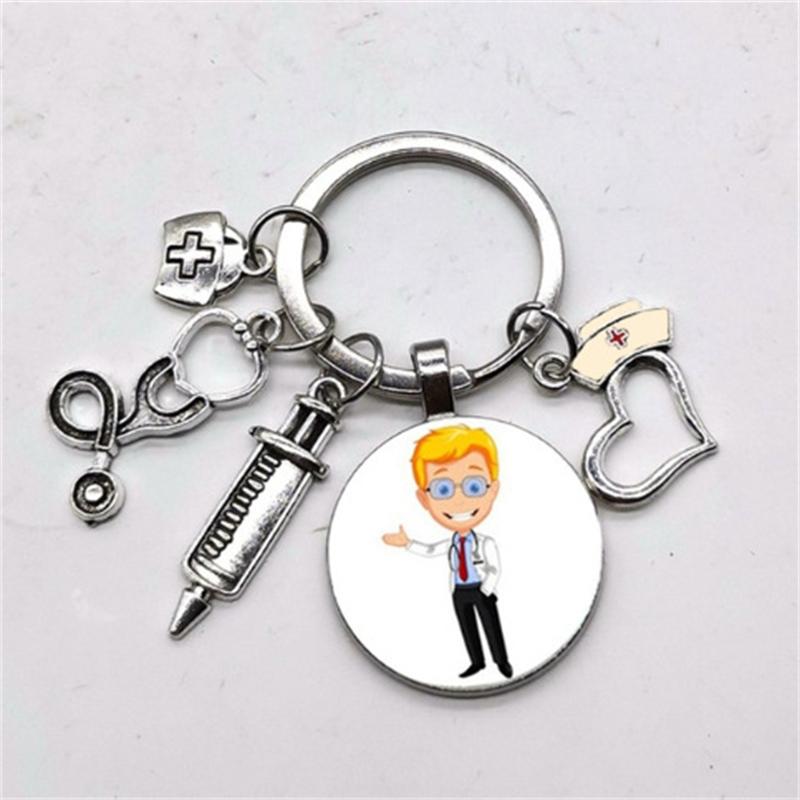 1Pc Nurse Medical Syringe Keychain Glass Key Ring Pendant Stethoscope Pattern Keychain Gift