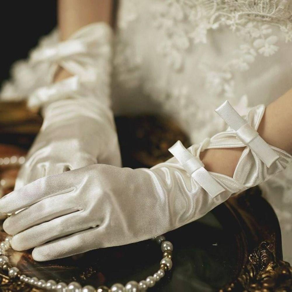 1 Pair Mesh Bow Knot Gloves Short Glove Lace Gloves Women White Satin Gloves Wedding  Ladies/Girls