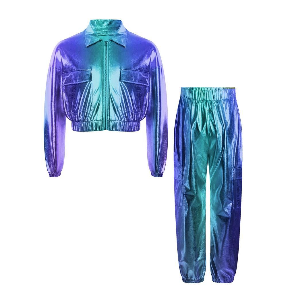 Unisex Kids Metallic Jacket Turn Down Collar Long Sleeve Outwear with Shiny Pants Dance Set