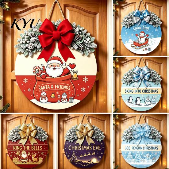 Gift for Christmas Wooden Welcome Sign Front Door, Round Hanging Ornament with Festive Home Decoration Artificial Pine Branches & Bow Decor
