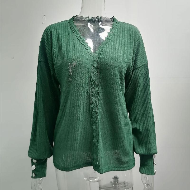 Women's Lace V-neck Sweater Ladies Loose Long Sleeve Solid Color Sweater