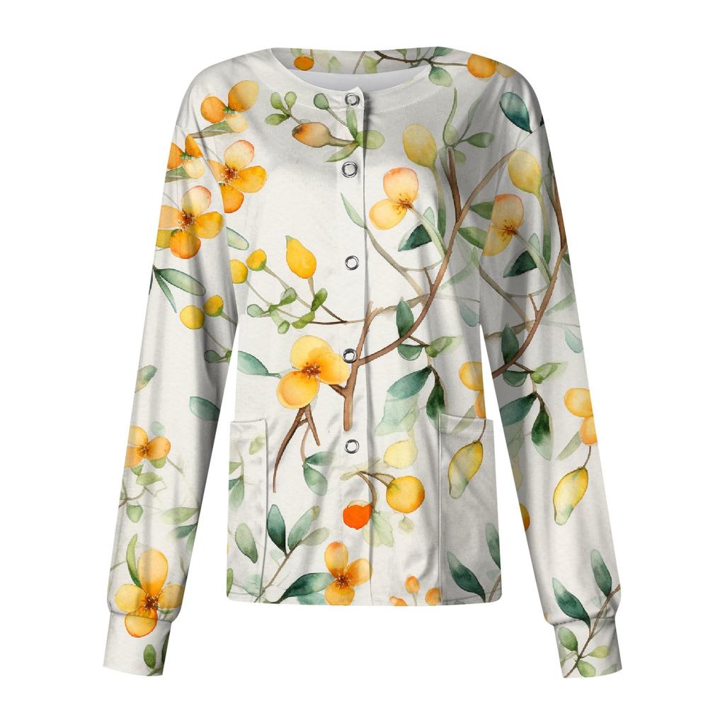 Женский однобортный защитный комбинезон с длинным рукавом и рождественским принтом, карманный рабочий воротник-стойка, кардиган, куртка, топ