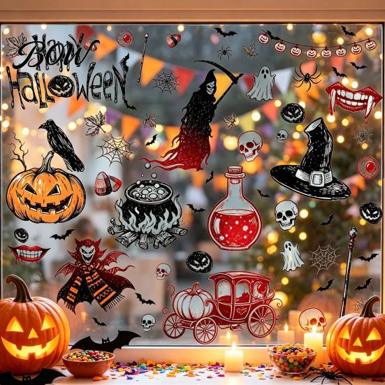 Spooky Party Decorations for Home 9PCS Halloween Static Window Stickers, Gothic Silhouette Decals, Reusable Retro Horror Stickers Waterproof PVC Glass