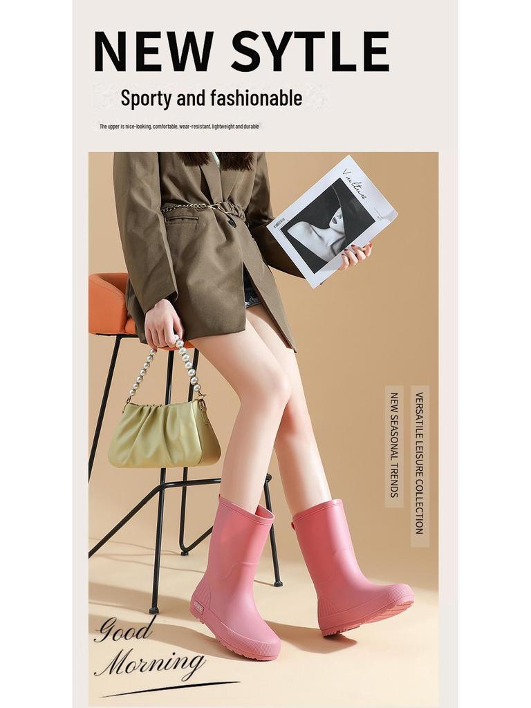 Morandi Color Women's Mid-Tube Non-Slip Rain Boots - Fashionable Classic Outdoor Rubber Shoes