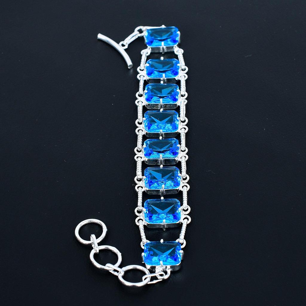 Браслет из граненого голубого топаза, ювелирное изделие из стерлингового серебра 925 пробы, браслет с регулируемой цепочкой, драгоценный камень в форме подушки, украшение ручной работы, подарок для нее
