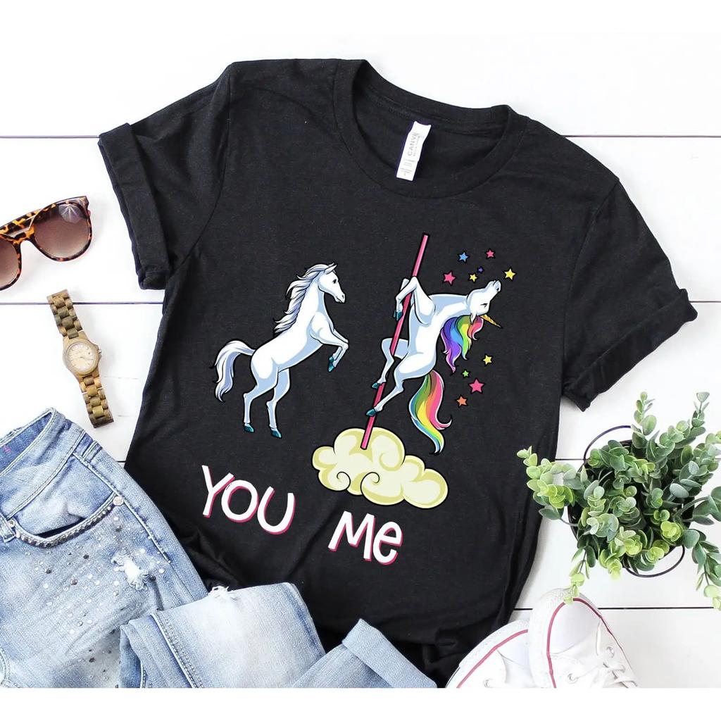Funny You Me Pole Dancing Rainbow Unicorn T Shirt Casual Novelty s for Lovers Soft streetwear
