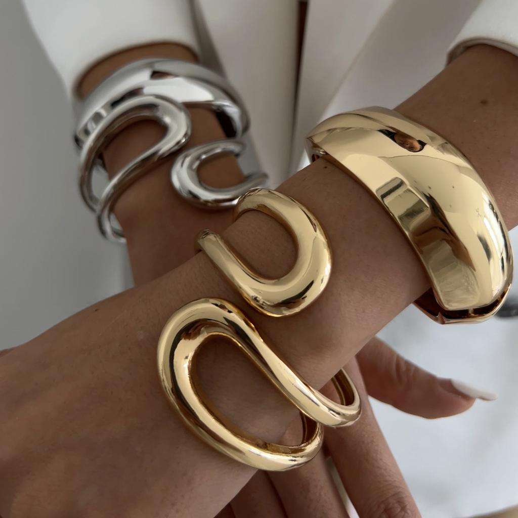 Ingemark Punk Vintage Geometric Heavy Metal Spring Bangles for Women Hip Hop Gold Color Open Cuff Bracelets Couple Men Jewelry