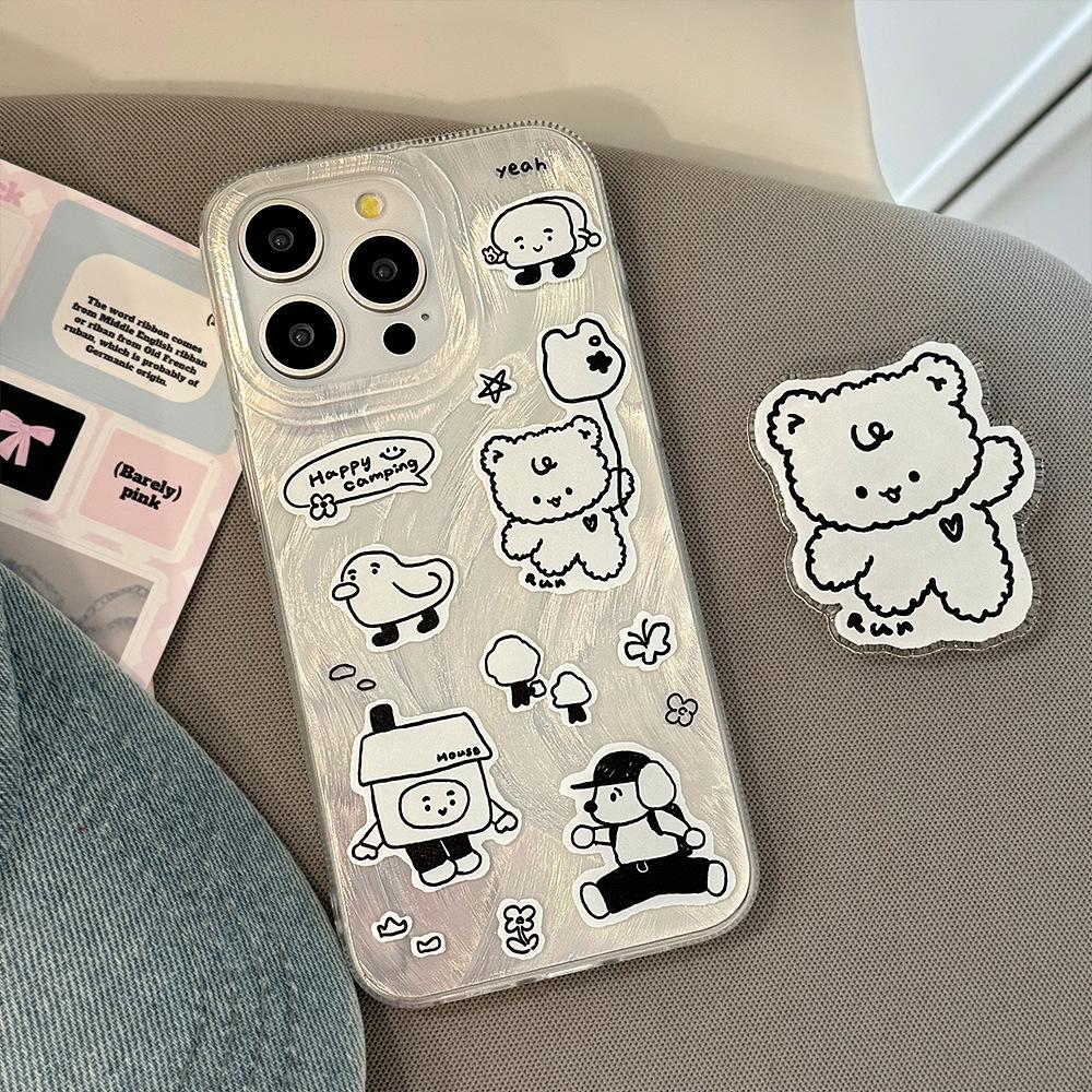 Simple Ins Sticker Wind Bear Stand Mobile Phone Case Apple 15 Promax for IPhone 13/16 Feather Yarn