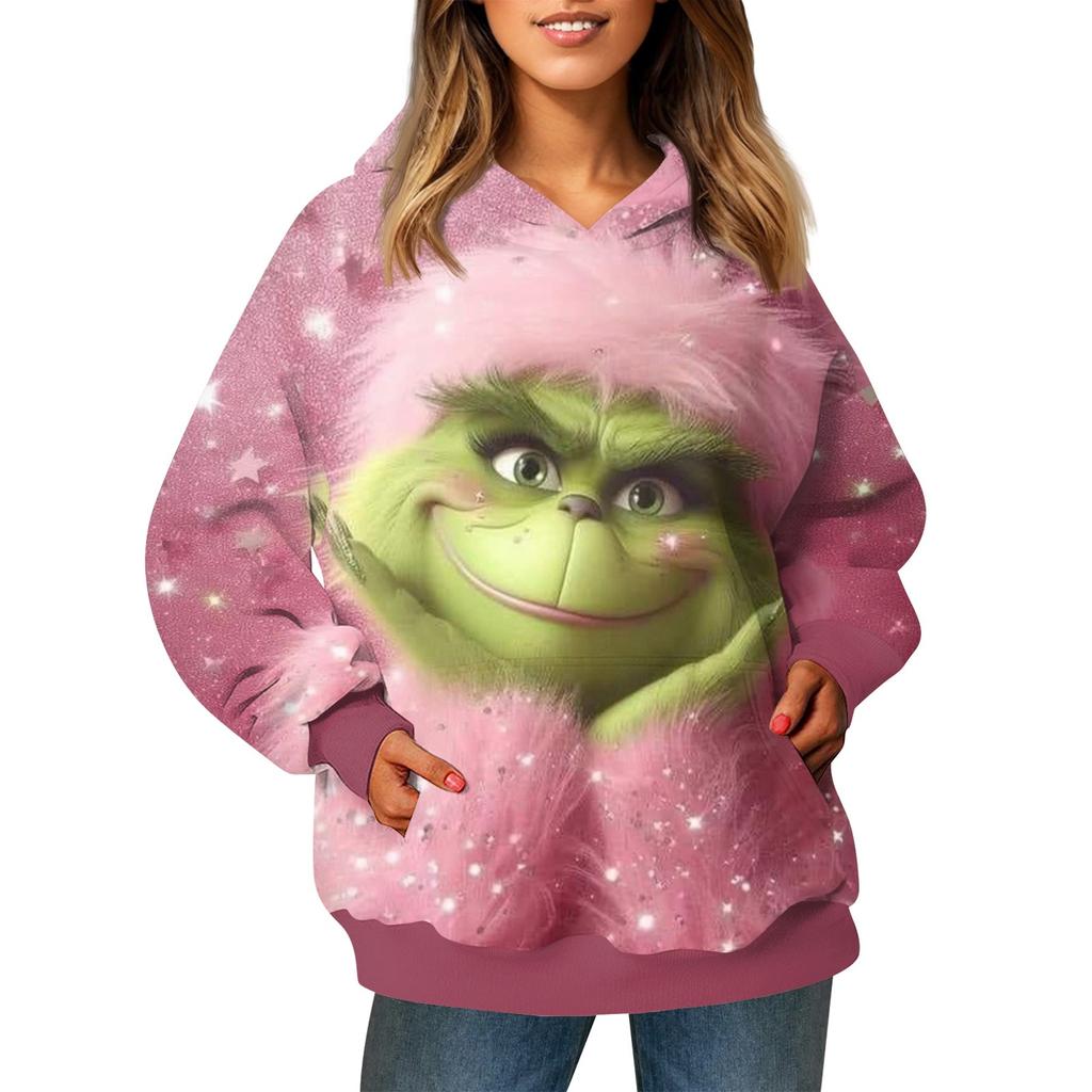 Ladies' Fashionable Long Sleeved Pullover With Christmas Print Hooded Pocket Sweatshirt