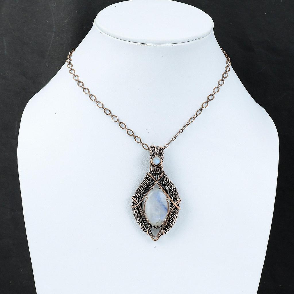 Радужный кулон с лунным камнем, медная проволока, кулон с драгоценным камнем, дизайнерский кулон, ювелирные изделия из лунного камня, кулон ручной работы, медные украшения для подарка