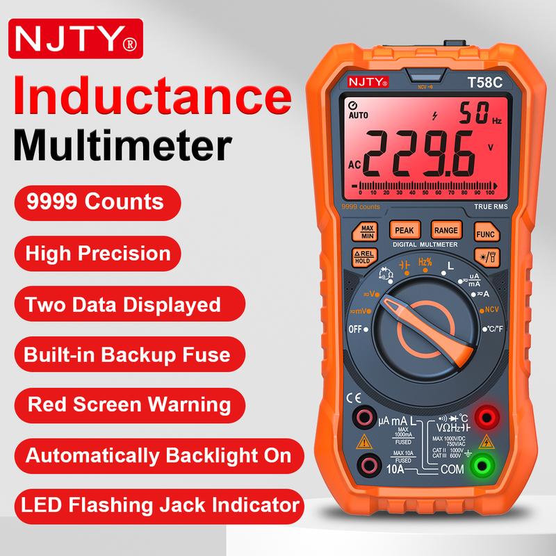 NJTY T58B T58C Цифровой Мультиметр 9999 Отсчетов Автоматический Выбор Диапазона Светодиодная Мигающая Jack AC/DC Напряжение Ток Индуктивность Емкость Гц Температура