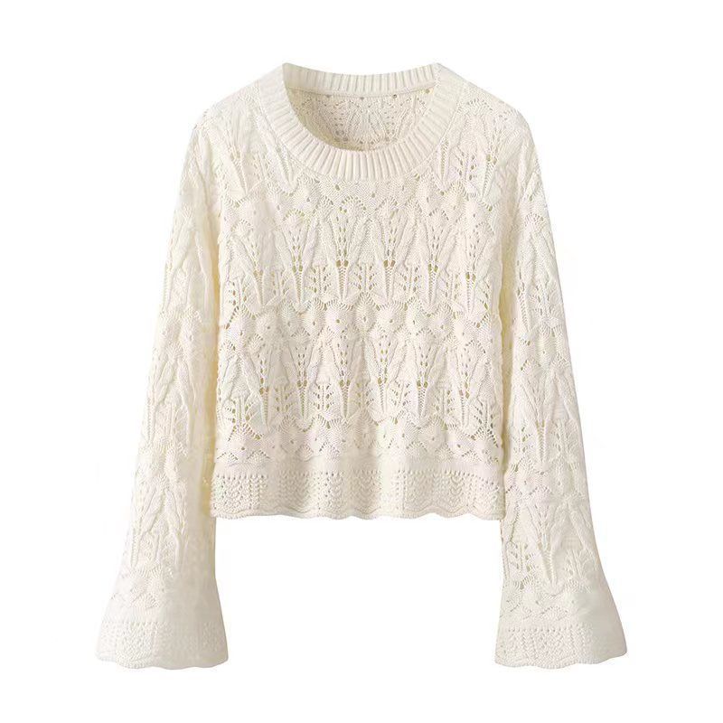 Spring/summer Women's Knitwear Thin Cut-out Bell Sleeve Knit Sweater Round Neck Loose Knit Top Knit Lace Blouse