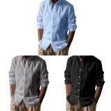 Casual Mens Linen Cotton Long Sleeve Shirt With Breathable Henley Collar For Summer Wear
