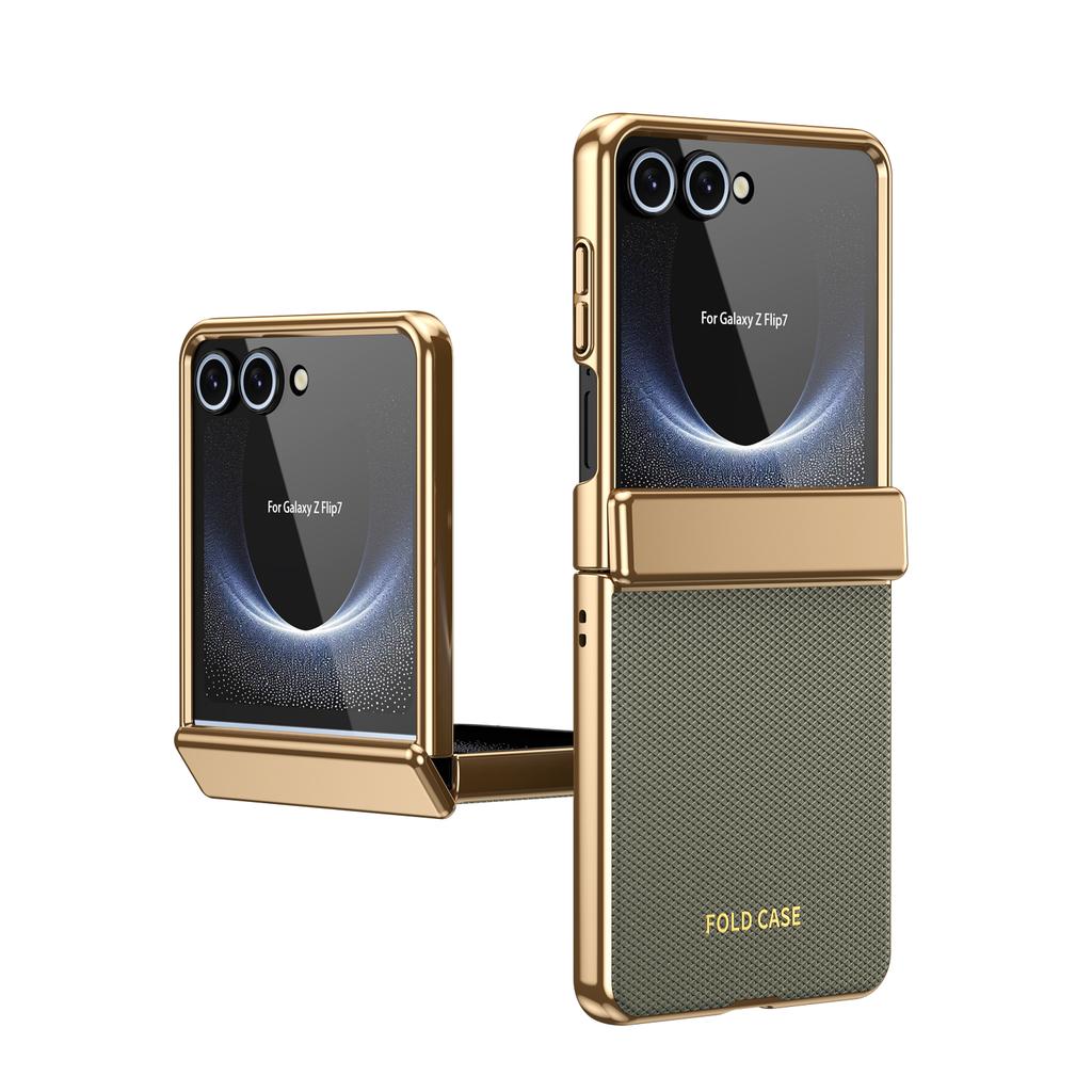 Для чехла на телефон Samsung Galaxy Z Flip7 6 5 4 3, с закаленным стеклом, гальванизированной рамкой и простым кожаным дизайном
