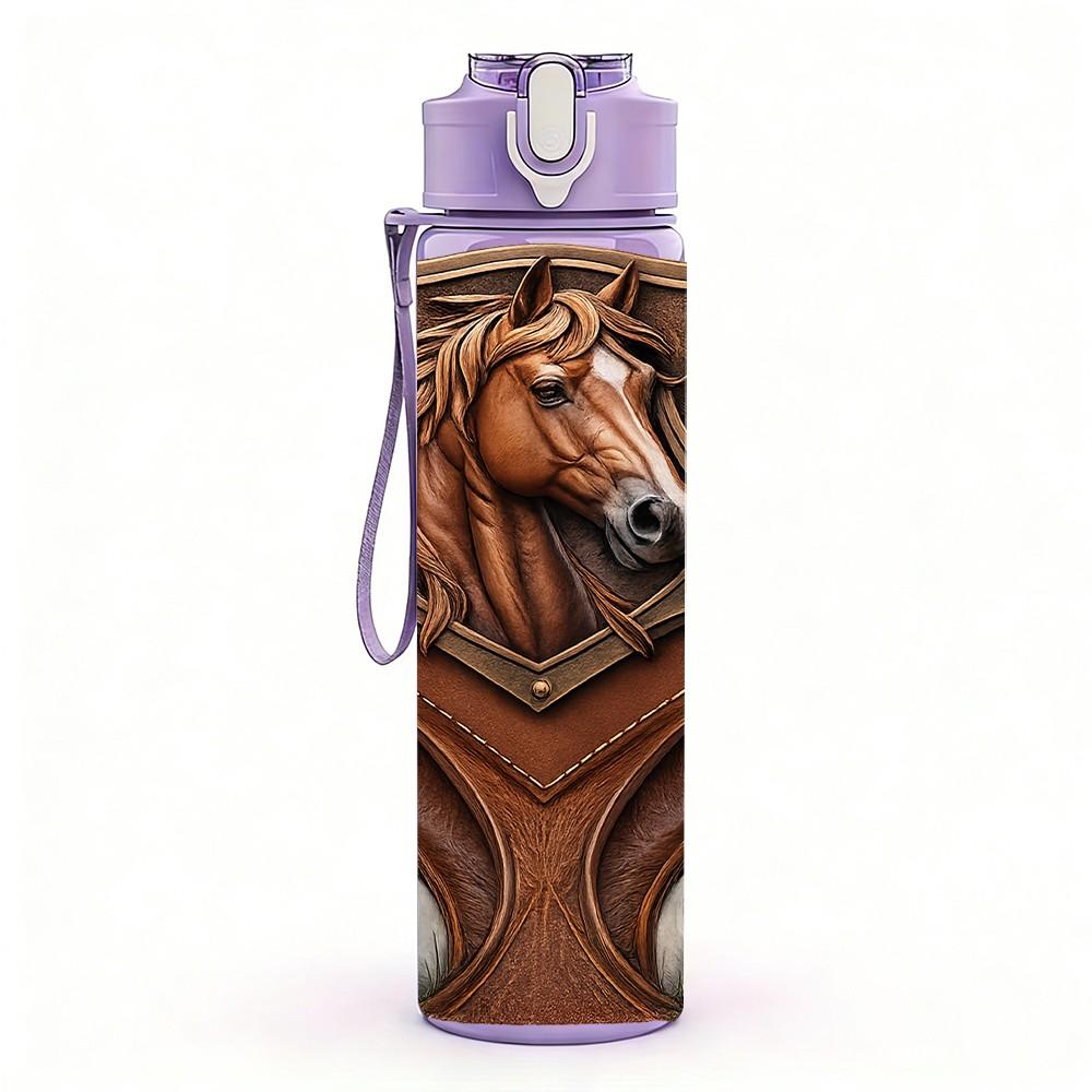 1PC Horse Head Carved Wood Texture Print 750ml Color Plastic Sports Water Bottle Leakproof Flip Straw Lid Suitable for Sports Office Home Use