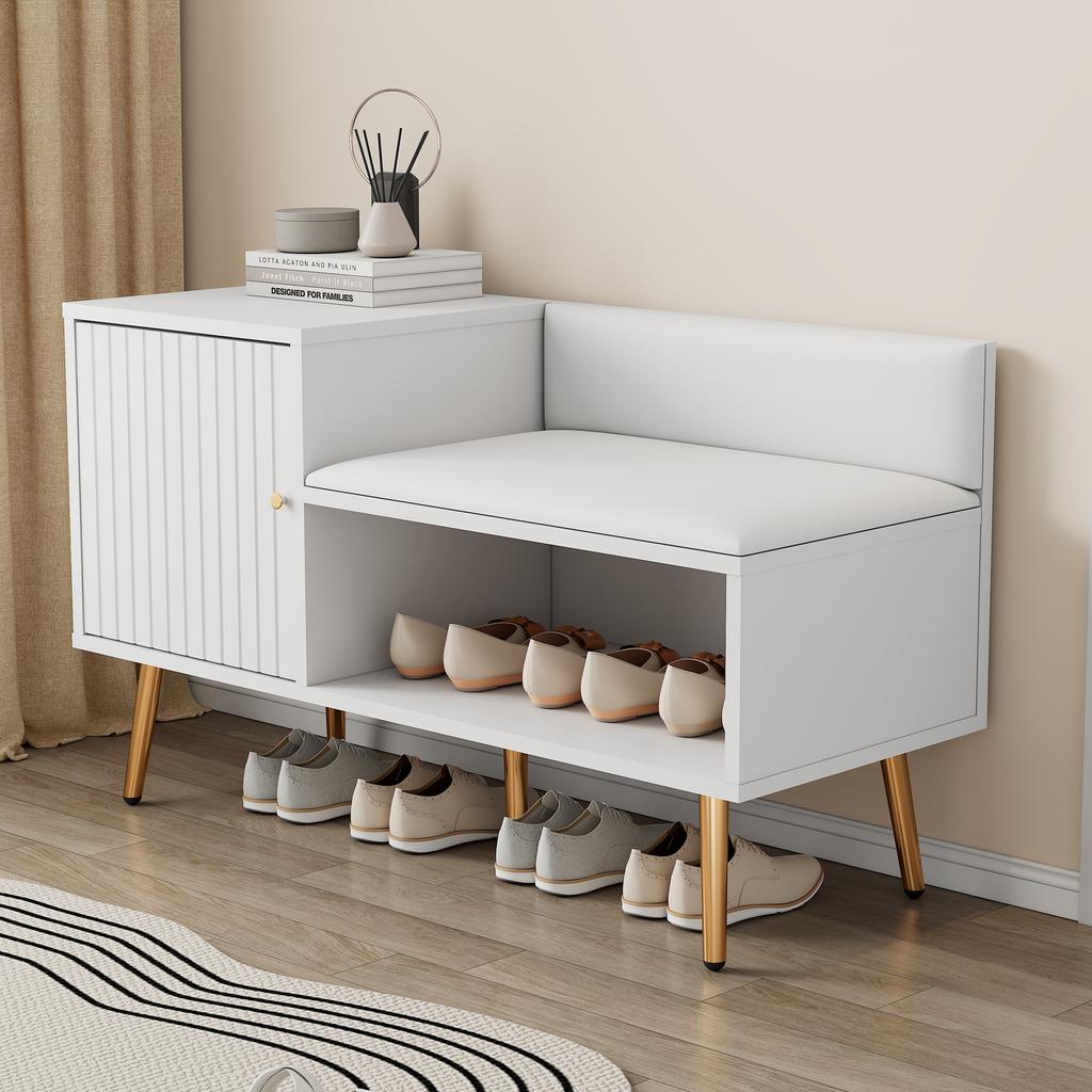 Luxurious Shoe Chest in White with Storage, Upholstered Bench and Backrest - Shoe Rack with Metal Handles and Legs - for Entryway - W100/D40/H58 cm