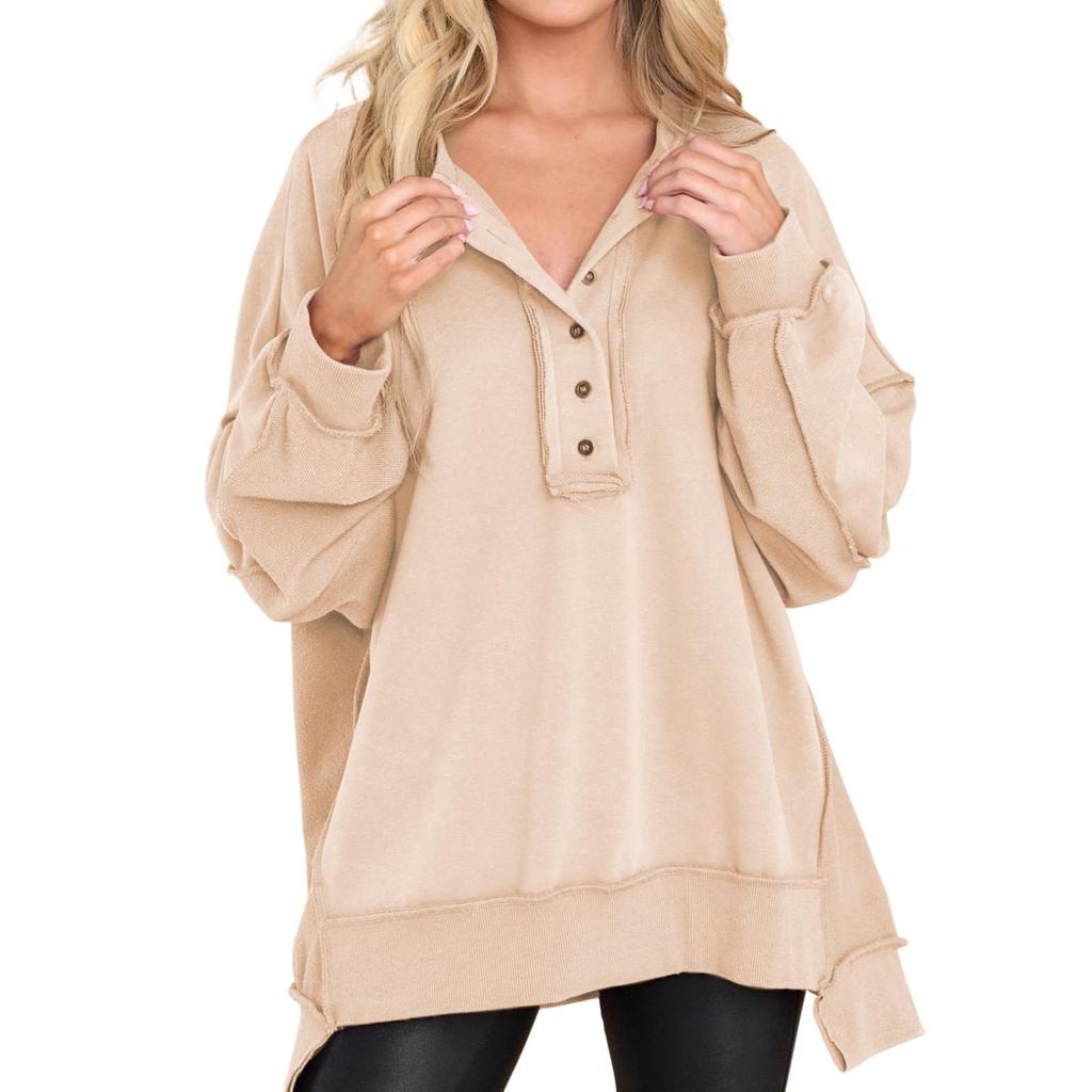Autumn and Winter New Women's Round Neck Solid Button Loose Sweater Long Sleeve Top