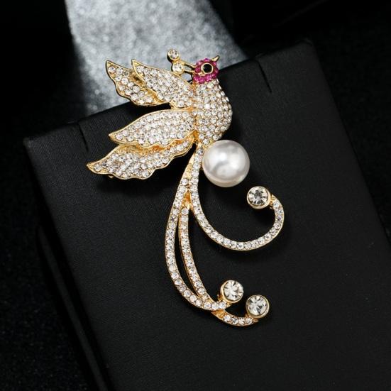 Simple Luxury Women Phoenix Shape Brooch Shining Rhinestones Inlaid Faux Pearl Suit Badge Electroplating Pin Outfit Accessories