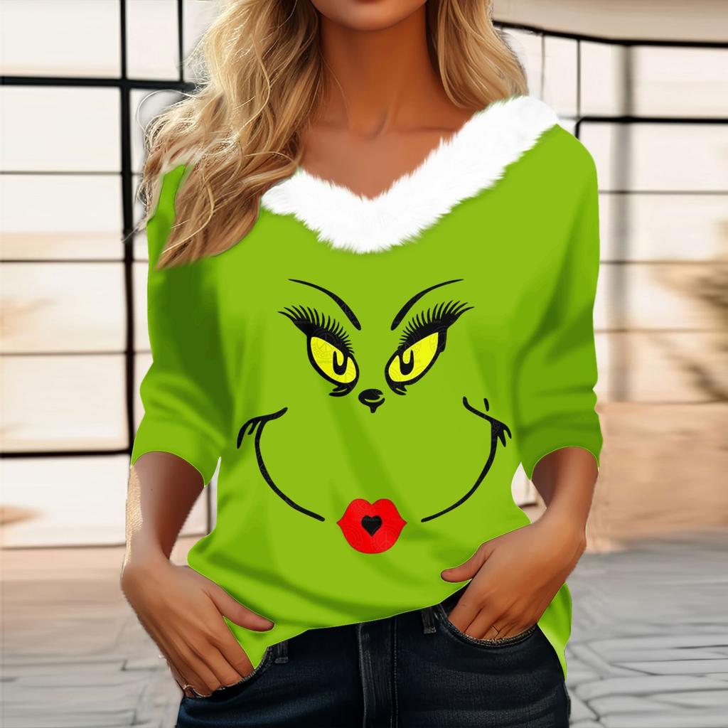 Women's T Shirt Tee Christmas Shirt Long Sleeve Party Christmas Fleece Collar V Neck  Top