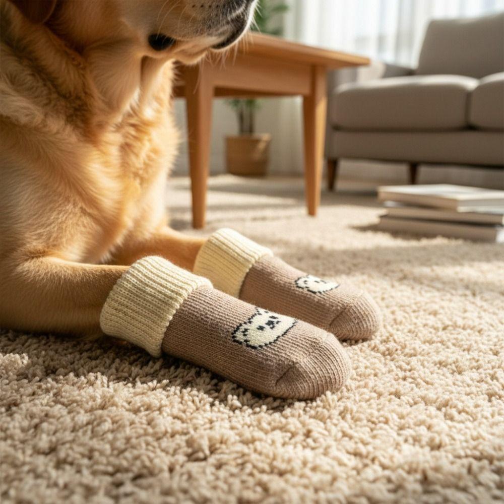 4pcs/set Elastic Puppy Warm Socks Cartoon Pattern Dog Paw Protectors Pet Footwear  Autumn Winter