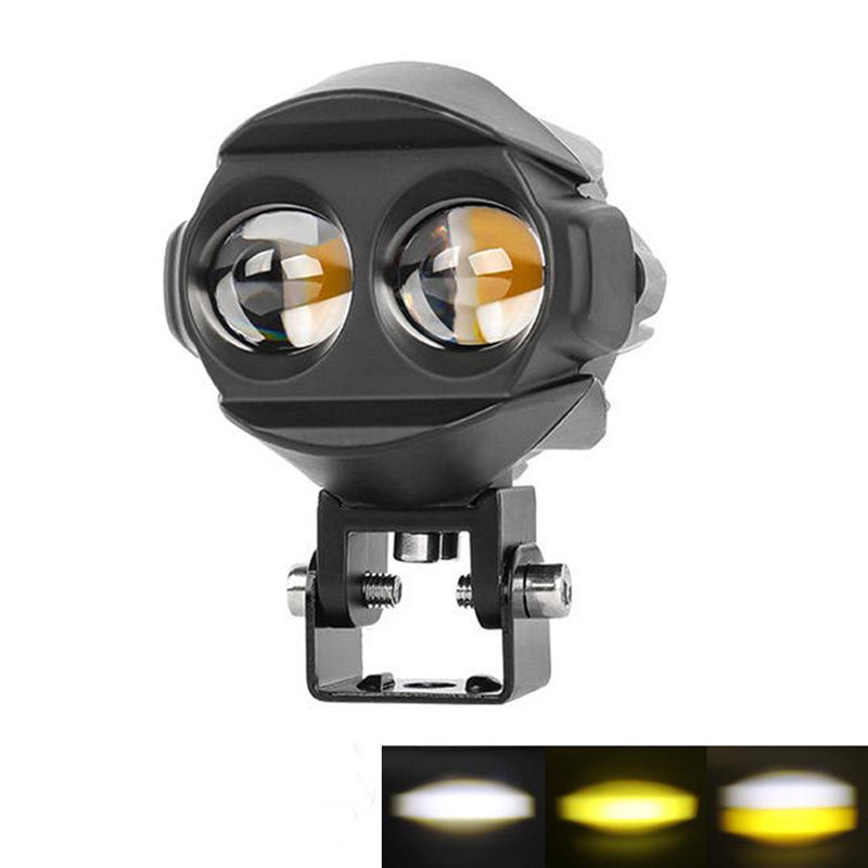 Motorcycle LED Spotlight Yellow-White Light: Super Bright Auxiliary Mini Driving Headlight for Electric Vehicles.