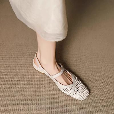 Сандалии из плетеной кожи камелии на среднем каблуке, женские, с закрытым носком, летние новинки в стиле ретро, с ремешком на одно слово, на толстом каблуке