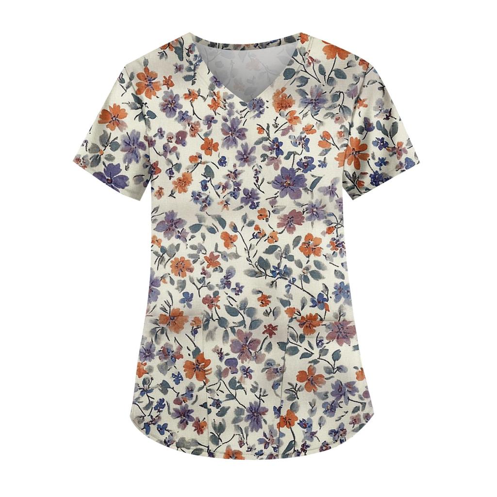 Рабочая форма больших размеров с принтом, топы для женщин, забавные футболки с v-образным вырезом и короткими рукавами, рабочая одежда, футболка с карманами