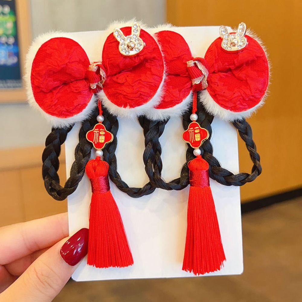 2 шт. Детский головной убор Парик Коса Заколка Кисточка Ханфу Головной убор Красный бант Заколка для волос Праздничный на Новый год