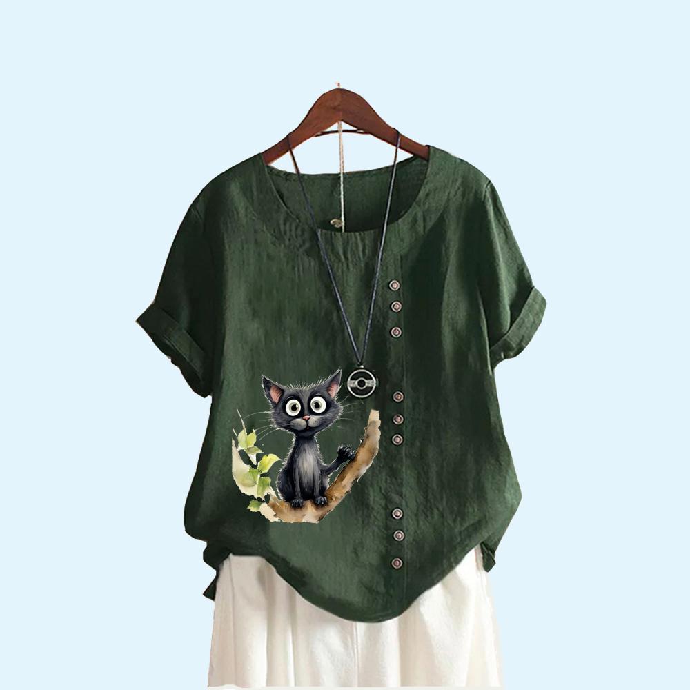 Женская свободная льняная блузка, женская модная летняя повседневная футболка с круглым воротником и принтом кота