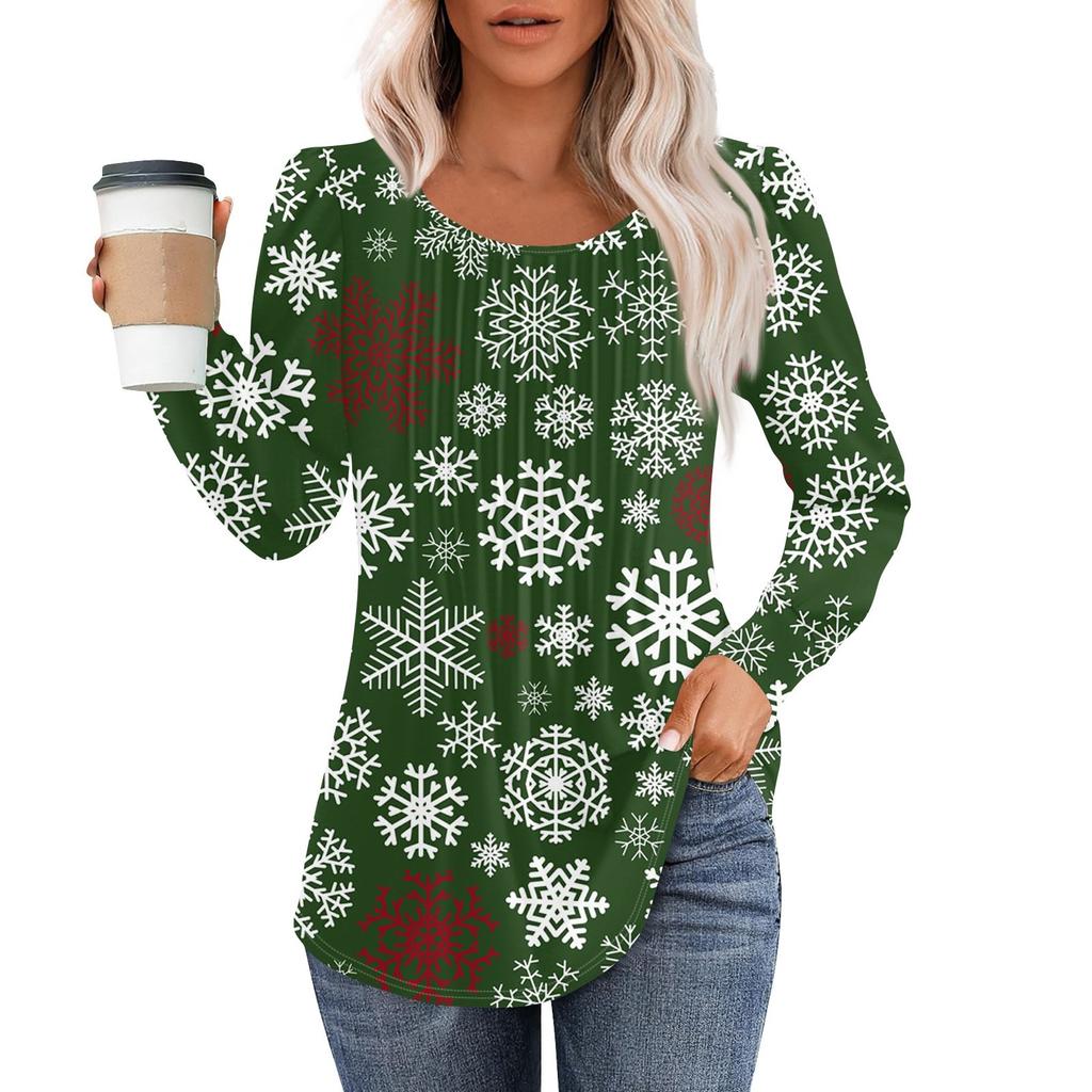 Женская повседневная футболка с круглым вырезом и длинными рукавами с рождественским принтом и складками