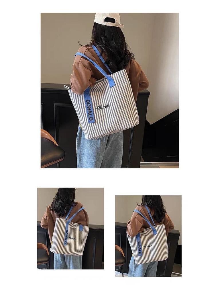 2025 New Women's Large Capacity Canvas Tote: Summer Striped Korean Style Shoulder Handbag