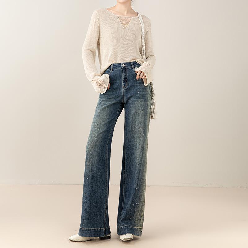 Bursting Gypsy Hot Diamond Wide Leg Jeans Women's Spring New High Waist Fashion Skinny Straight Floor Pants