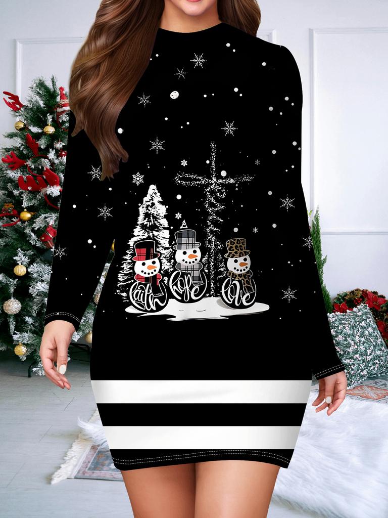 2025 Autumn and Winter New Women's Hip-wrapped Dress,3D Christmas Printing and Dyeing Women's Fashion Long-sleeved Round Neck Sexy Hip-wrapped Dress