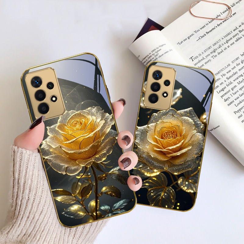 Элегантная золотая роза Для Samsung A 01 52S A04 A05S A10 A12 A13 22 23 24 36 42 M02 Note 10 20Ultra 8 9 Золотой стеклянный чехол для телефона
