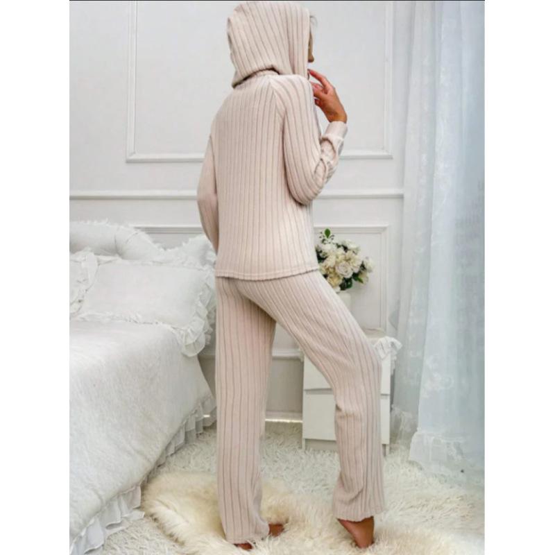 Women's Home Wear Set Casual Fashion Pit Strip Brushed Long-sleeved Hooded Button T-shirt Trousers
