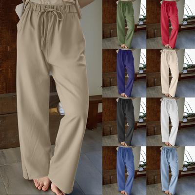 Женские повседневные хлопковые и льняные однотонные длинные прямые брюки с эластичной резинкой на талии