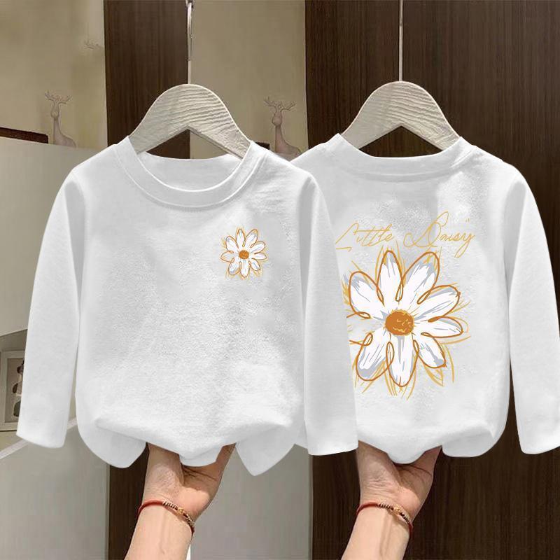 Girls' Autumn 2025 Korean-Style White Cotton Long-Sleeve Top for Older Children