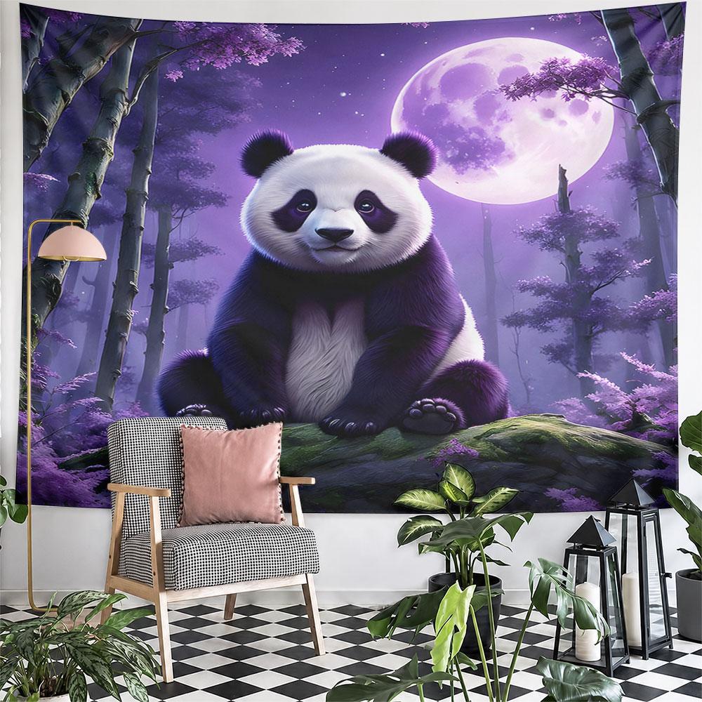 Panda Under Purple Moonlit Forest Pattern Wall Hanging Tapestry Decorative Tapestry Home Decor for Bedroom and Living Room